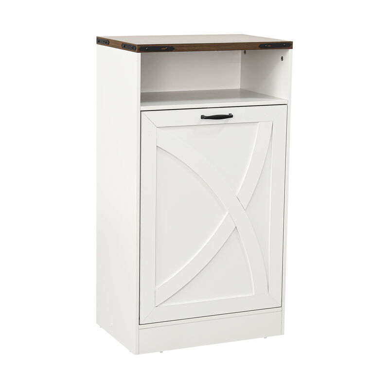 Farmhouse Tilt-Out Trash Can and Laundry Hamper Cabinet with Open Storage Shelf for Kitchen, Bathroom, Pantry, and Laundry Room image number 0
