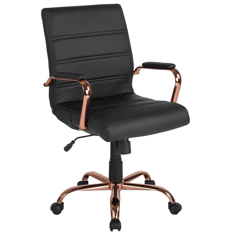 Flash Furniture Whitney Mid-Back Swivel LeatherSoft Desk Chair with Padded Seat and Armrests, Adjustable Height Padded LeatherSoft Office Chair, Black/Rose Gold image number 0