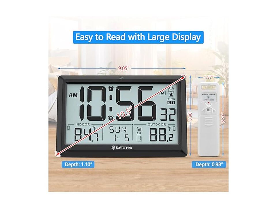 Atomic Temp Digital LCD Display Range Wall Clock 5 Inch Outdoor Black