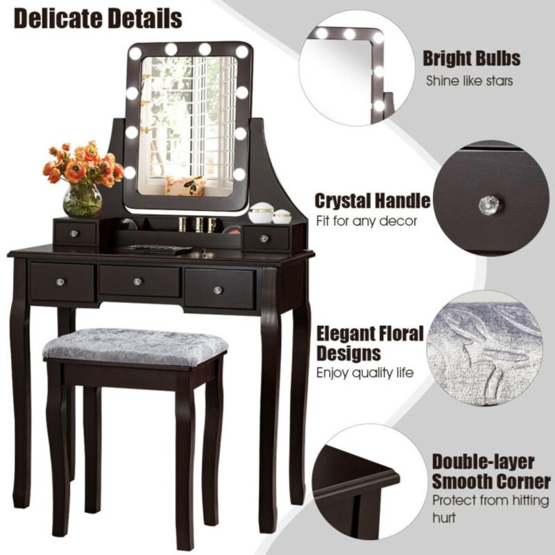 Hivvago Vanity Dressing Table Set with 10 Dimmable Bulbs and Cushioned Stool