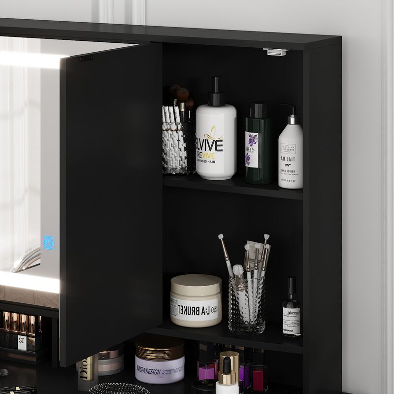 FUFU&GAGA Black Makeup Vanity with LED Mirror, 6 Drawers and Storage Compartments (43.3" W x 53.9" H x 19.7" D), Elegant Black