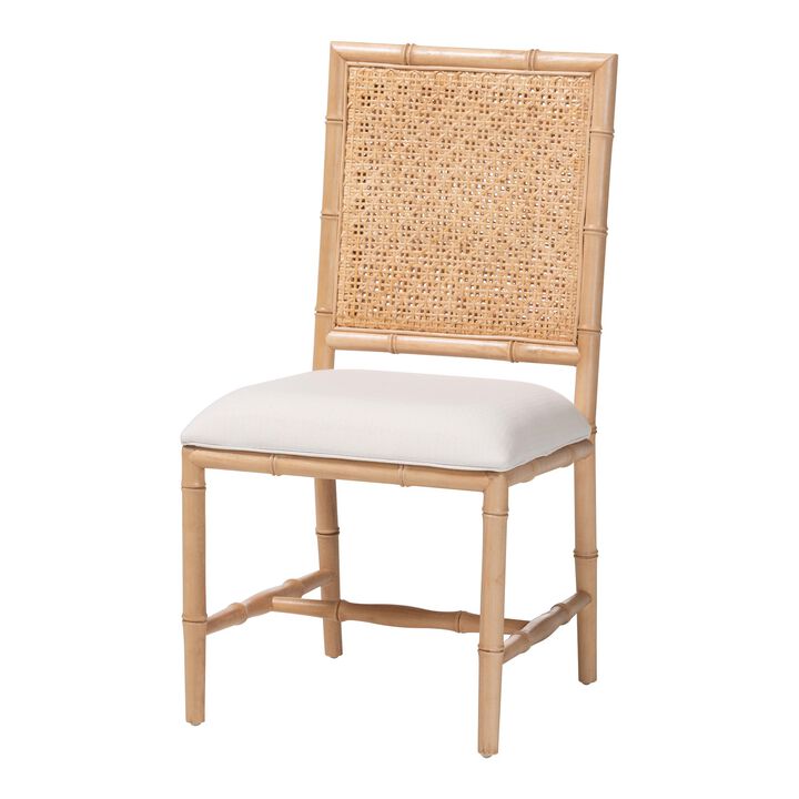 bali & pari Sandy Dining Chair - Crafted Wood and Natural Rattan Side Chair with Bamboo Motif and Upholstered Seat