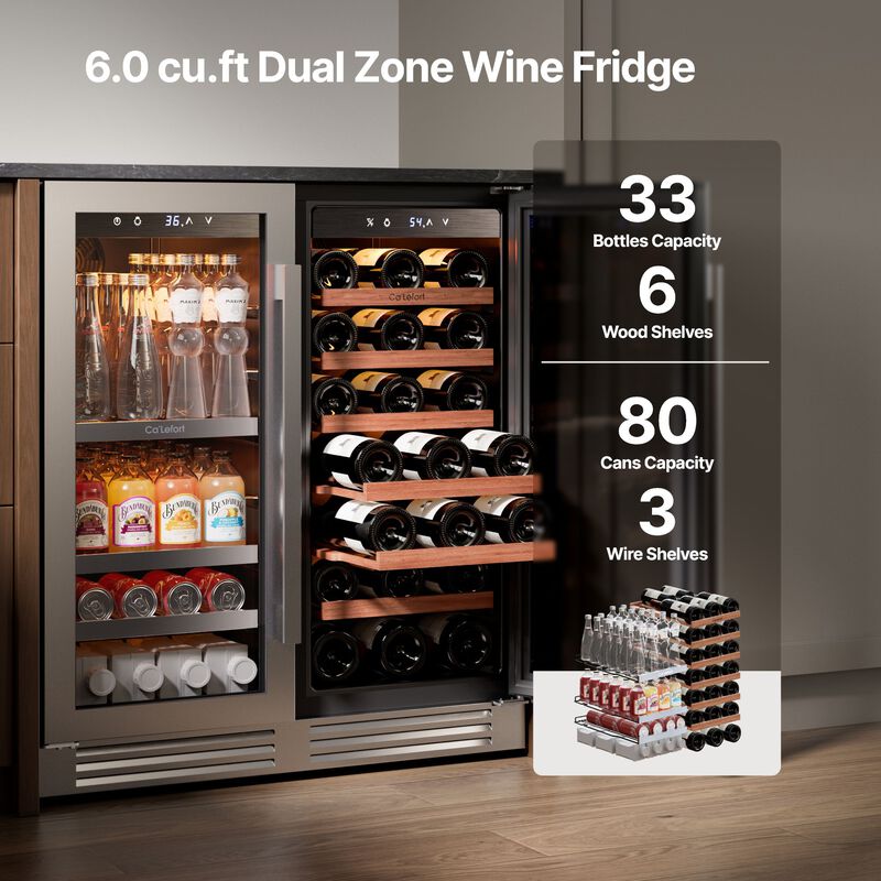 30 Inch Wine and Beverage Refrigerator, 3 Color LED, Dual Zone Wine Fridge,33 Bottles &80 Cans,Built-in Beverage Cooler image number 1