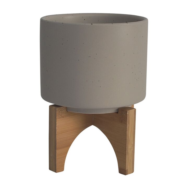 Ceramic Planter with Terrazzo Design and Wooden Stand, Gray- Benzara