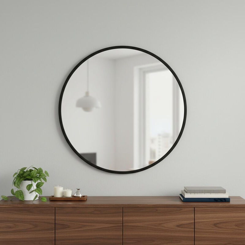 HomeRoots 30" Black Aluminum Round Framed Accent Mirror image number 1