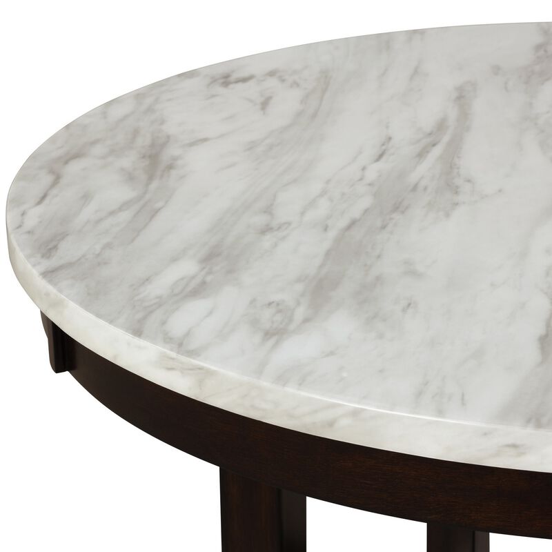Kate 42 Inch Round Counter Table, Faux Marble Top, White, Espresso-Benzara image number 3