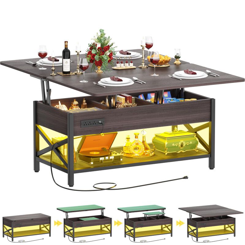 Aheaplus Coffee Table Lift Top Multi-Function Coffee Table Converts to Dining Table, with LED Light and Power Outlet, Center Tab