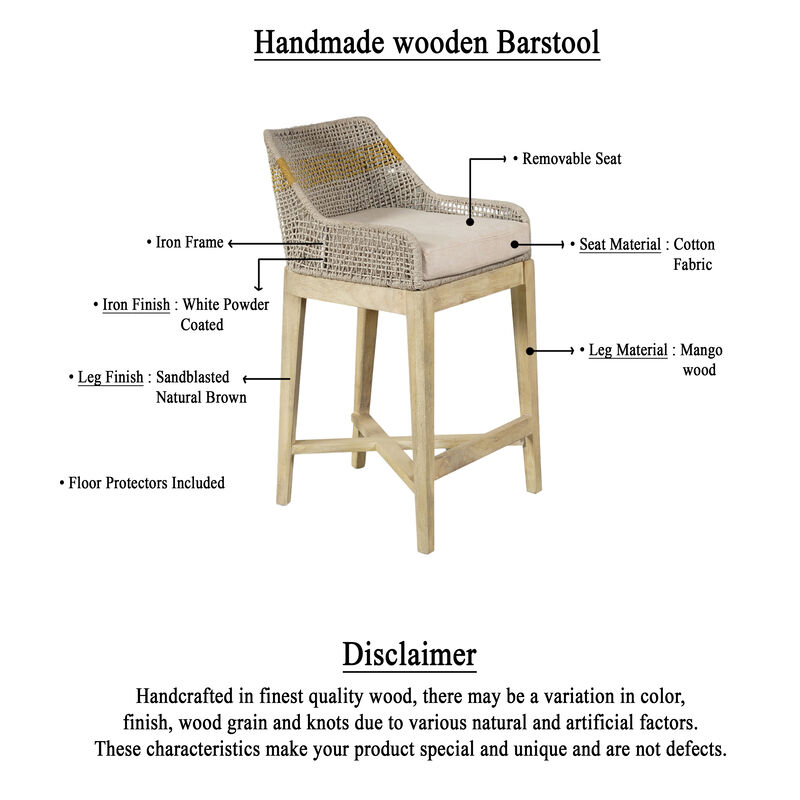 Avira 30 Inch Barstool Chair | Handcrafted Mango Wood | Cotton Rope Weaving | Beige Cushion