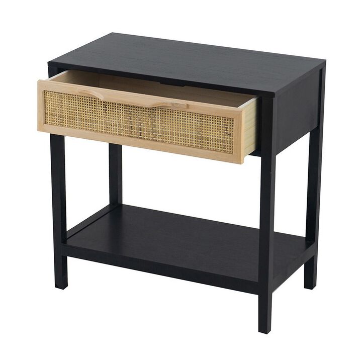 Rosette 22 Inch Side End Table, Natural Brown Rattan Front Drawer, Open Shelf, Black Mango Wood Frame - Benzara