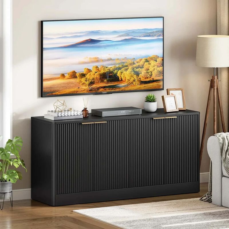 Modern Sideboard Cabinet with Wave Pattern and Adjustable Storage Shelving-Black image number 3