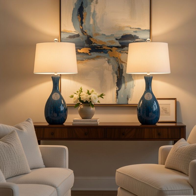 Table Lamp Set of 2, Off-White Drum Shade, Dark Blue Glass 29 Inch image number 8