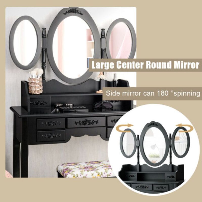 7 Drawer Tri-Folding Mirror Dressing Vanity Makeup Set-Black