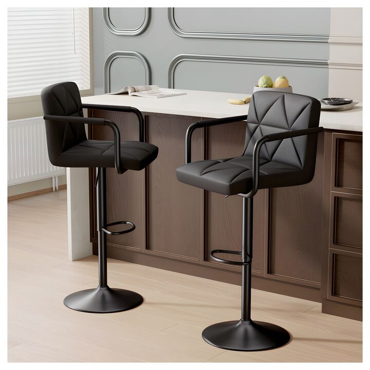 Leather Swivel Bar Stools Set of 2, Adjustable Height Square Counter Stools with Back & Iron Frame, 360&deg; Kitchen Island Chairs for Outdoor, Home Bar, Hotel