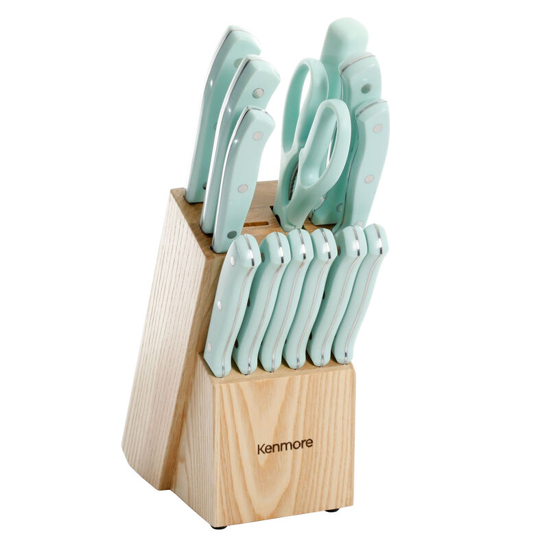 Kenmore Kane 14 Piece Stainless Steel Cutlery Set in Glacier Blue with Rubber Wood Block