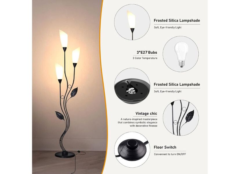 Flower Floor Lamp – 62" Tall, 3 Dimmable LED Heads, Rustic Style, E27 Base