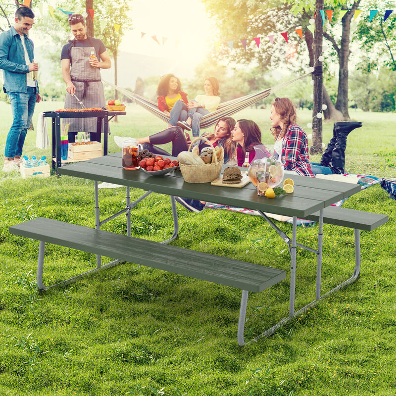 Folding Picnic Table Set with Metal Frame, All-Weather HDPE Tabletop, and Umbrella Hole