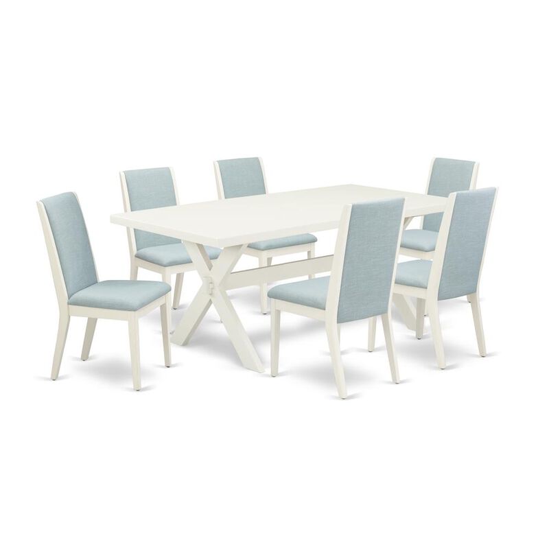 East West Furniture 7Pc Wood Dining Table Set Consists of a Dining Table and 6 Parsons Chairs with Baby Blue Color Linen Fabric, Medium Size Table with Full Back Chairs, Wirebrushed Linen