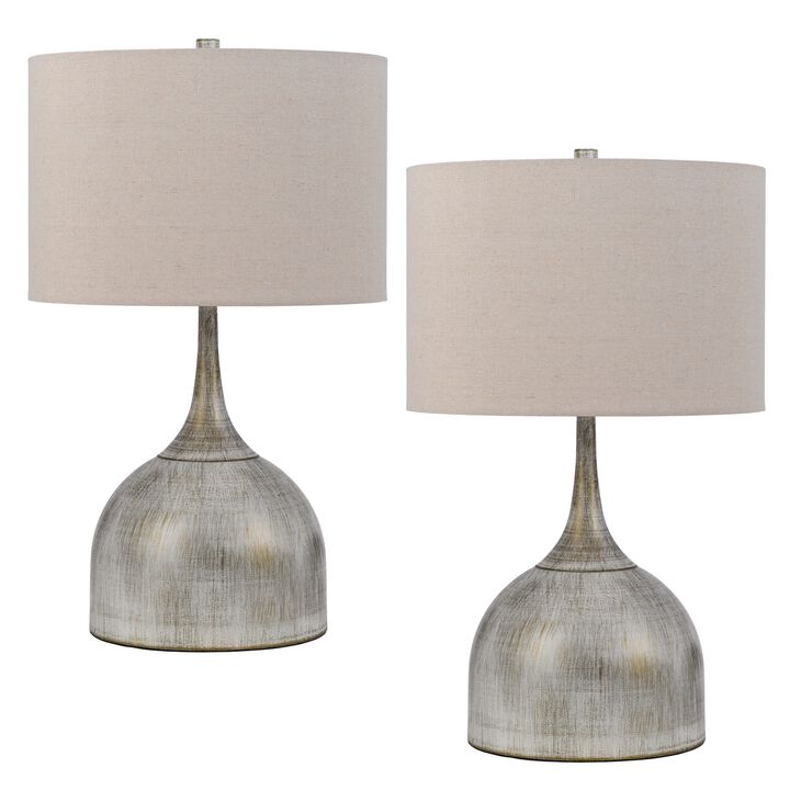 26 Inch Table Lamp, Set of 2, Curved, Beige Fabric Shade, Distressed Gray-Benzara