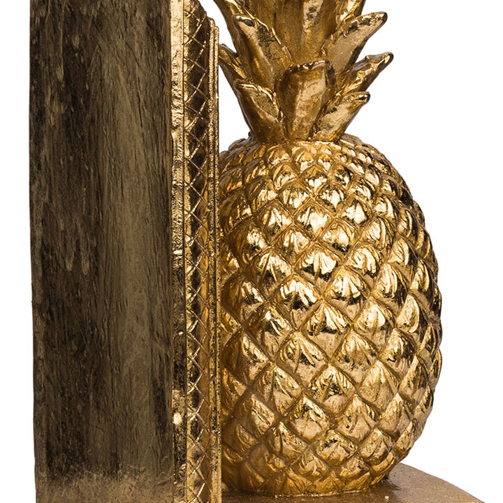10 Inch Modern Bookends, Pineapple Decorative Statuette, Gold Resin - Benzara