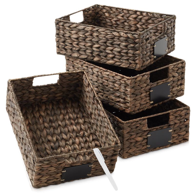 Casafield Set of 4 Water Hyacinth Pantry Baskets, 12-1/2"" x 17"" x 5"", with Chalkboard Labels and Chalk Marker - Natural, Wove