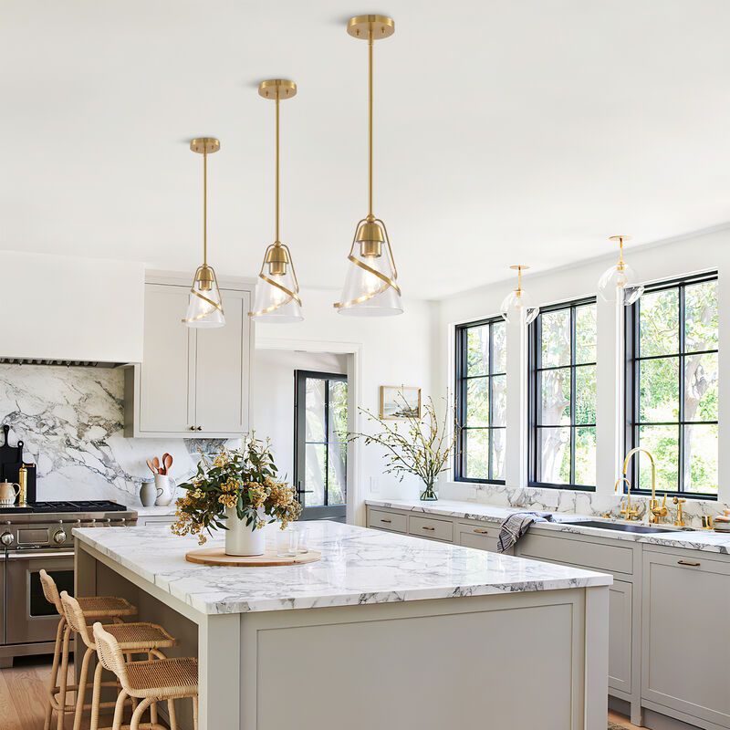 7 in. 1-Light Modern Brass Chandelier with Seeded Glass Shade