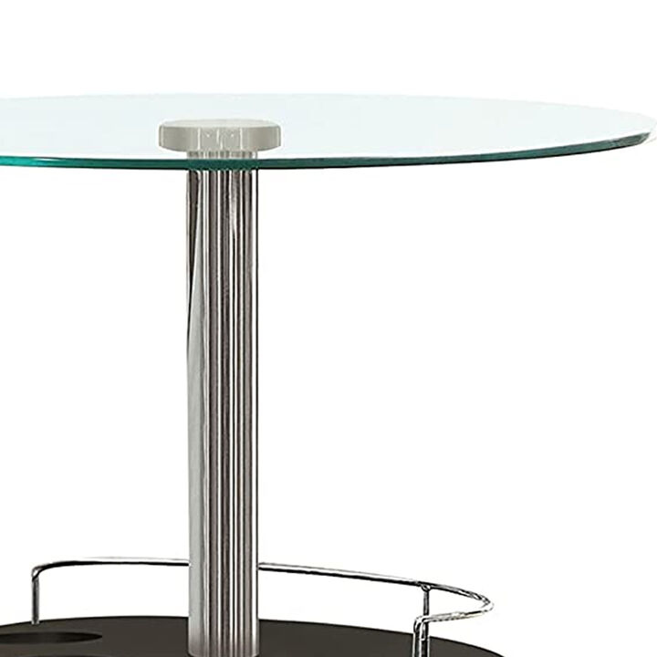 Round Bar Table with Tempered Glass Top and Storage, Black and Chrome-Benzara