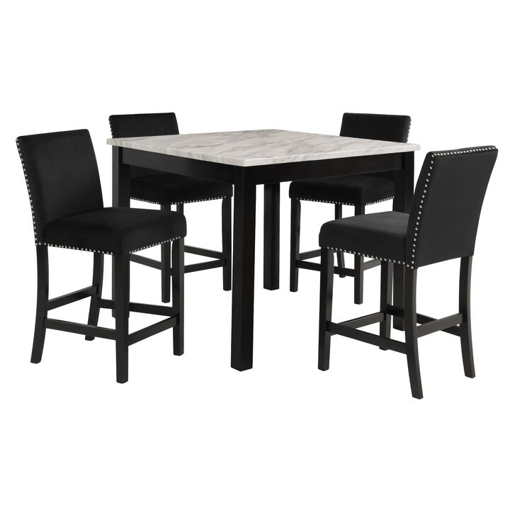 Kate 42 Inch 5 Piece Counter Table Set with Velvet Seating, Black - Benzara