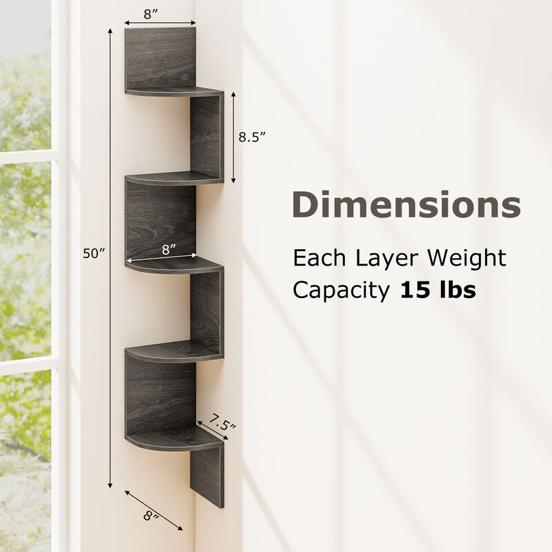 5-Tier Corner Wall Shelf, Floating Bookshelf and Storage Rack for Living Room or Office