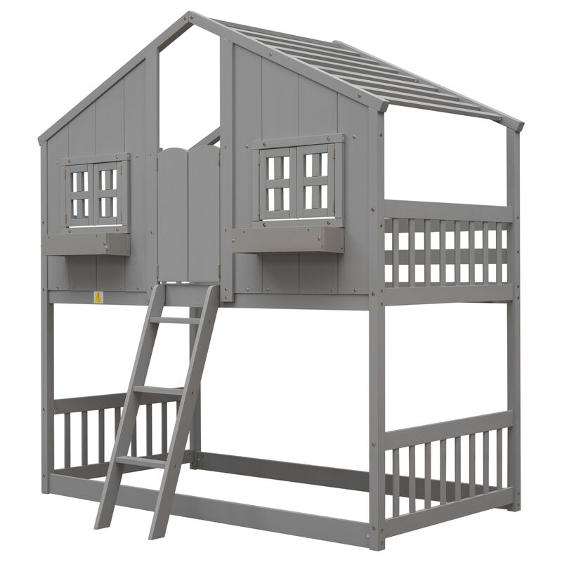 Twin over Twin House Bunk Bed with Roof , Window, Window  Box, Door , with Safety Guardrails and Ladder