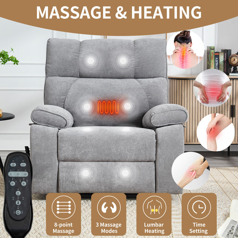 Grey Heat Massage Dual Motor Infinite Position Up to 350 LBS Large Electric Power Lift Recliners with Hidden Cup Holders, Power-Remote, Medium-firm and Heavy Duty