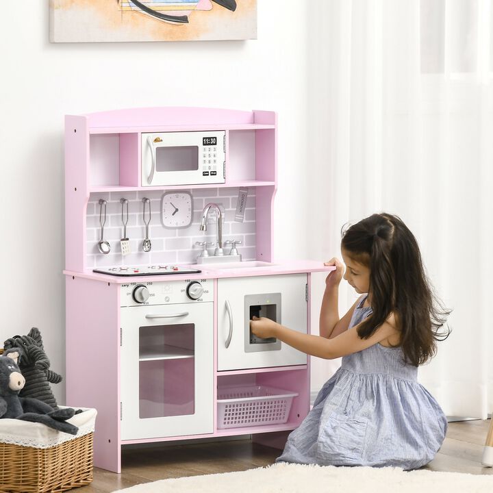 Wooden Play Kitchen with Lights Sounds, Kids Kitchen Playset with Water Dispenser, Microwave, Utensils, Sink, Spacious Storage, Stove, Gift for 3-6 Years Old, Pink