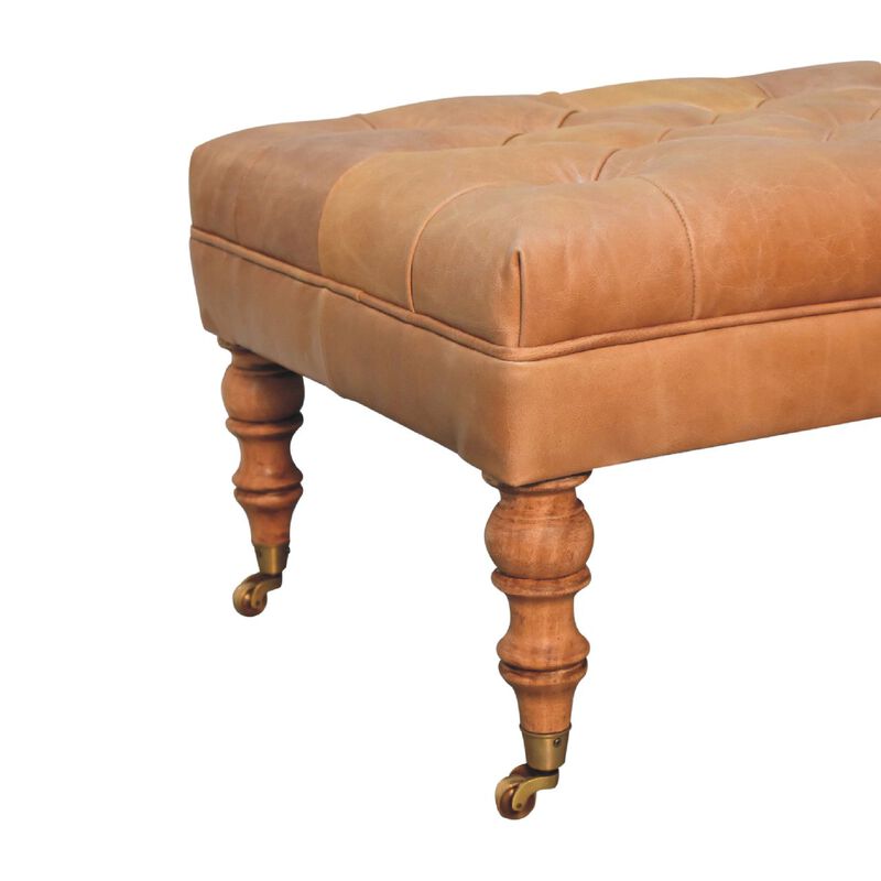 Artisan Furniture  Solid Wood Buffalo Tan Leather Ottoman with Castor Legs