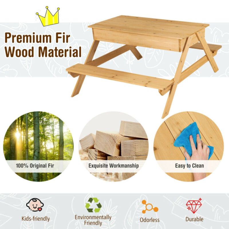 3-in-1 Kids Picnic Table Wooden Outdoor Water Sand Table with Play Boxes - Natural