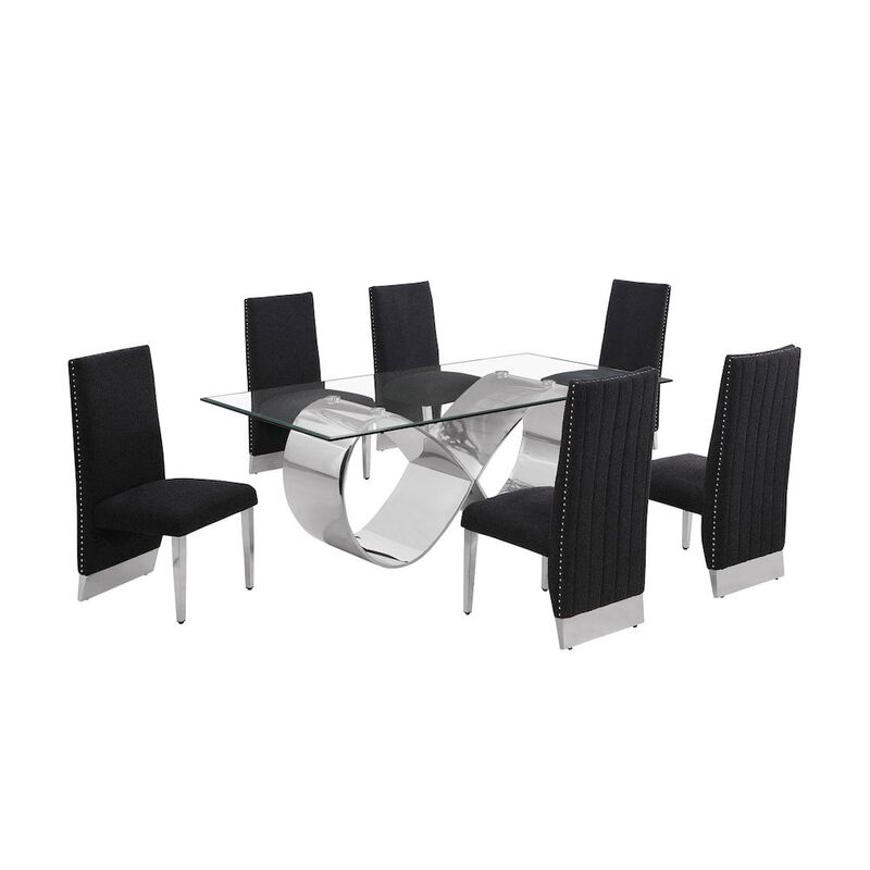 Best Quality Furniture 7Pc Tempered Glass Dining Set With 6 Black Boucle Side Chairs And A Silver Base