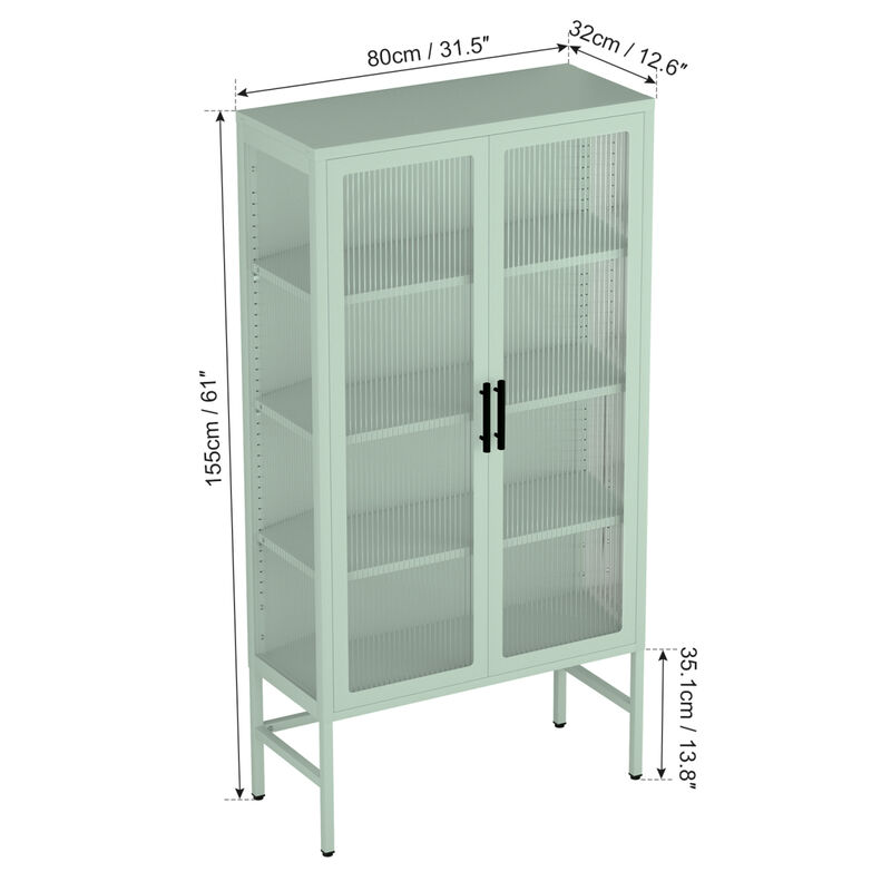Double Glass Door Storage Cabinet with Adjustable Shelves and Feet Cold-Rolled Steel Sideboard Furniture for Living Room Kitchen Mint Green