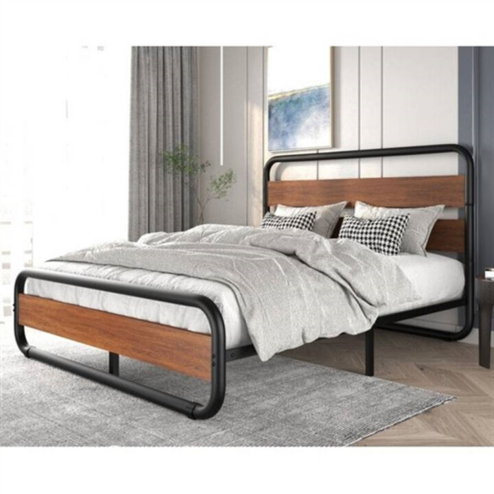 Heavy Duty Industrial Modern Metal Wood Platform Bed Frame with Headboard