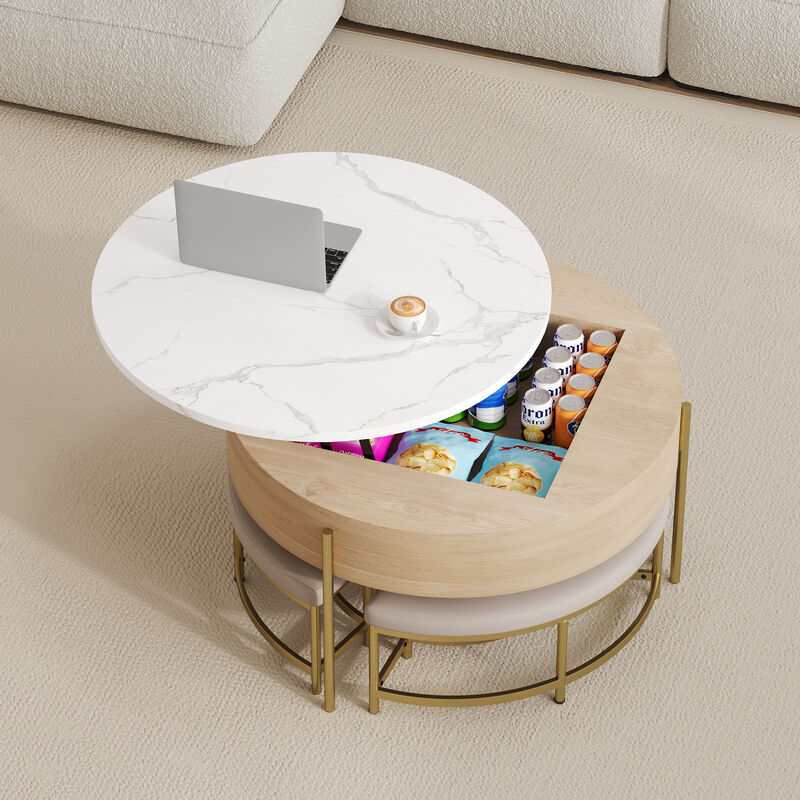 Merax Modern Round Lift-Top Coffee Table with Storage & 3 Ottomans - Multifunctional Cocktail Ottoman Set for Living Room
