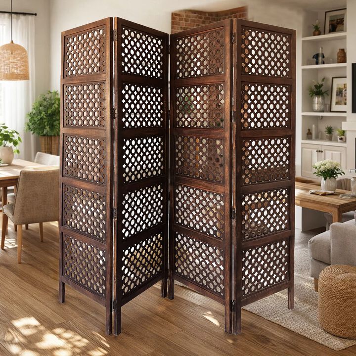 Decorative Four Panel Mango Wood Hinged Room Divider with Circular Cutout Design, Brown
