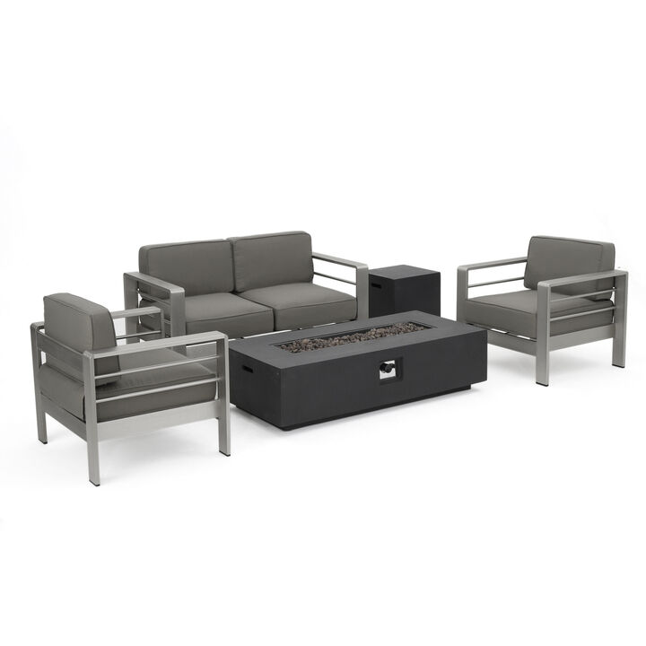 Christopher Knight Home Gildon Outdoor Aluminum 4 Seater Chat Set with Dark Gray Fire Pit