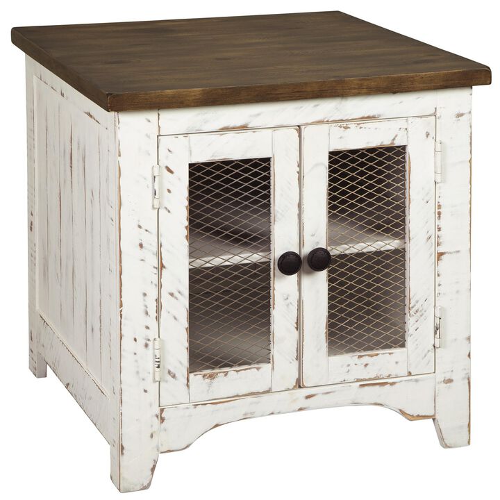 Two Tone Wooden End Table with Metal Grill Cabinet, Brown and White-Benzara