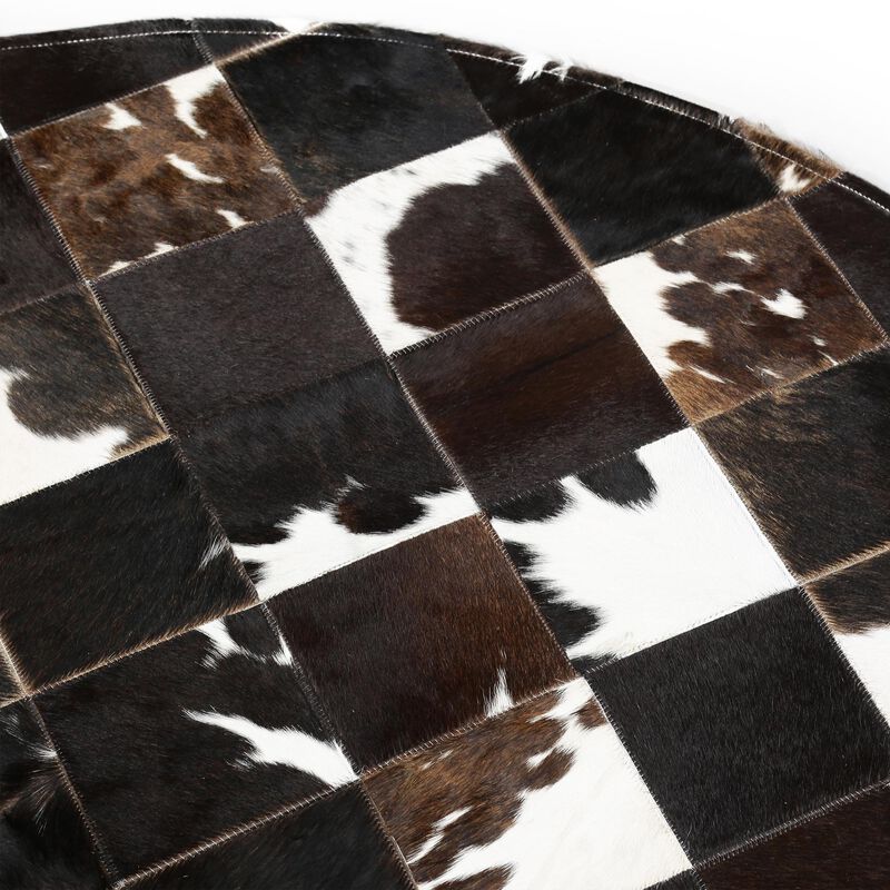 Round Cowhide Rug Black Brown White Patchwork Leather Rug, Handmade Genuine Cowhide Area Carpet, Farmhouse Rustic Round Decor