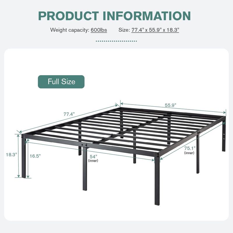 QuikFurn Full 18-inch Metal Platform Bed Frame with Under-Bed Storage Space