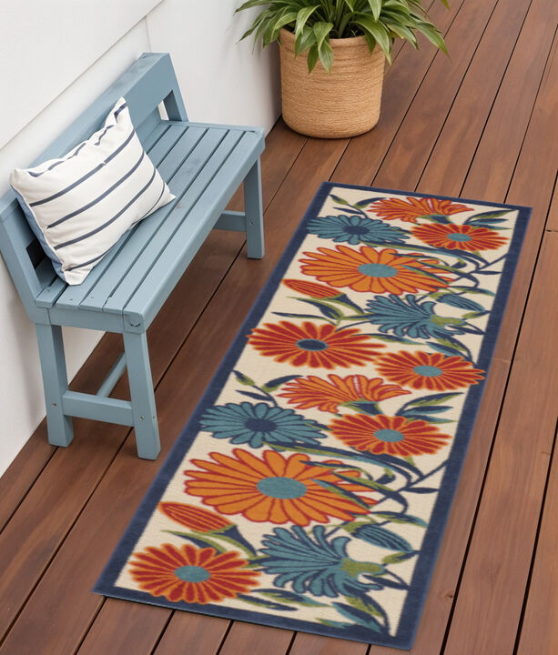 HomeRoots 6' Ivory Blue And Orange Floral Indoor Outdoor Runner Rug