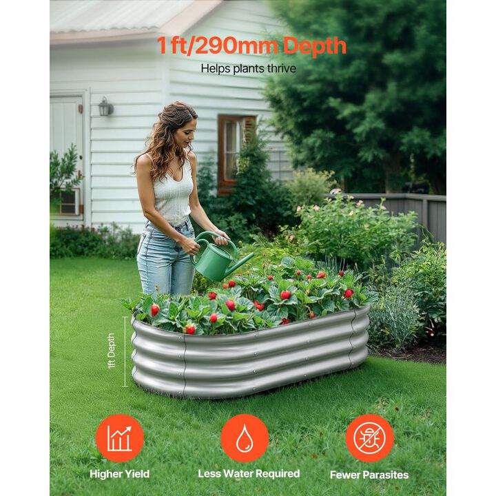 Oval Galvanized Raised Garden Bed Open Bottom Metal Planter for Outdoor Gardening-Galvanized Color