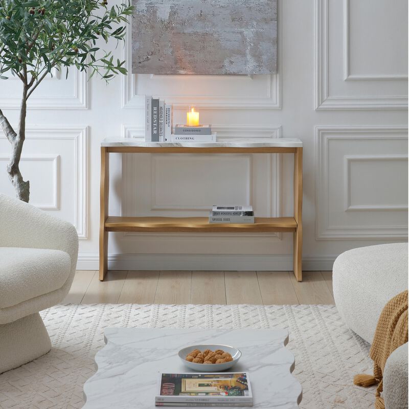 Whisper of Waves Modern Console Table with Marble Pattern Top & Solid Wood Veneer Shelf image number 2