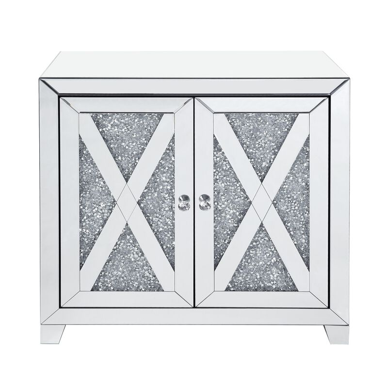Storage Cabinet with Mirror Trim and X Shape Design, Silver-Benzara