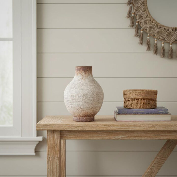 HomeRoots 8" Ivory And Brown Round Ceramic Table Vase