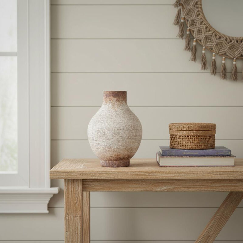 HomeRoots 8" Ivory And Brown Round Ceramic Table Vase image number 1