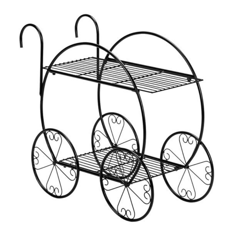 Rolling Cart-Style Plant Stand, 2-Layer Metal Flower Pot Holder for Home & Balcony