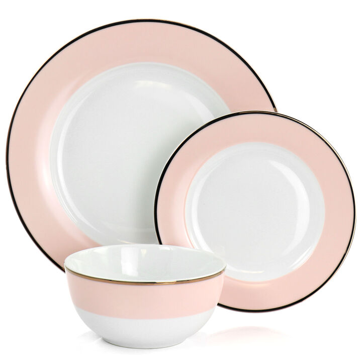 Martha Stewart Gold Rimmed 12 Piece Fine Ceramic Dinnerware Set in Pink